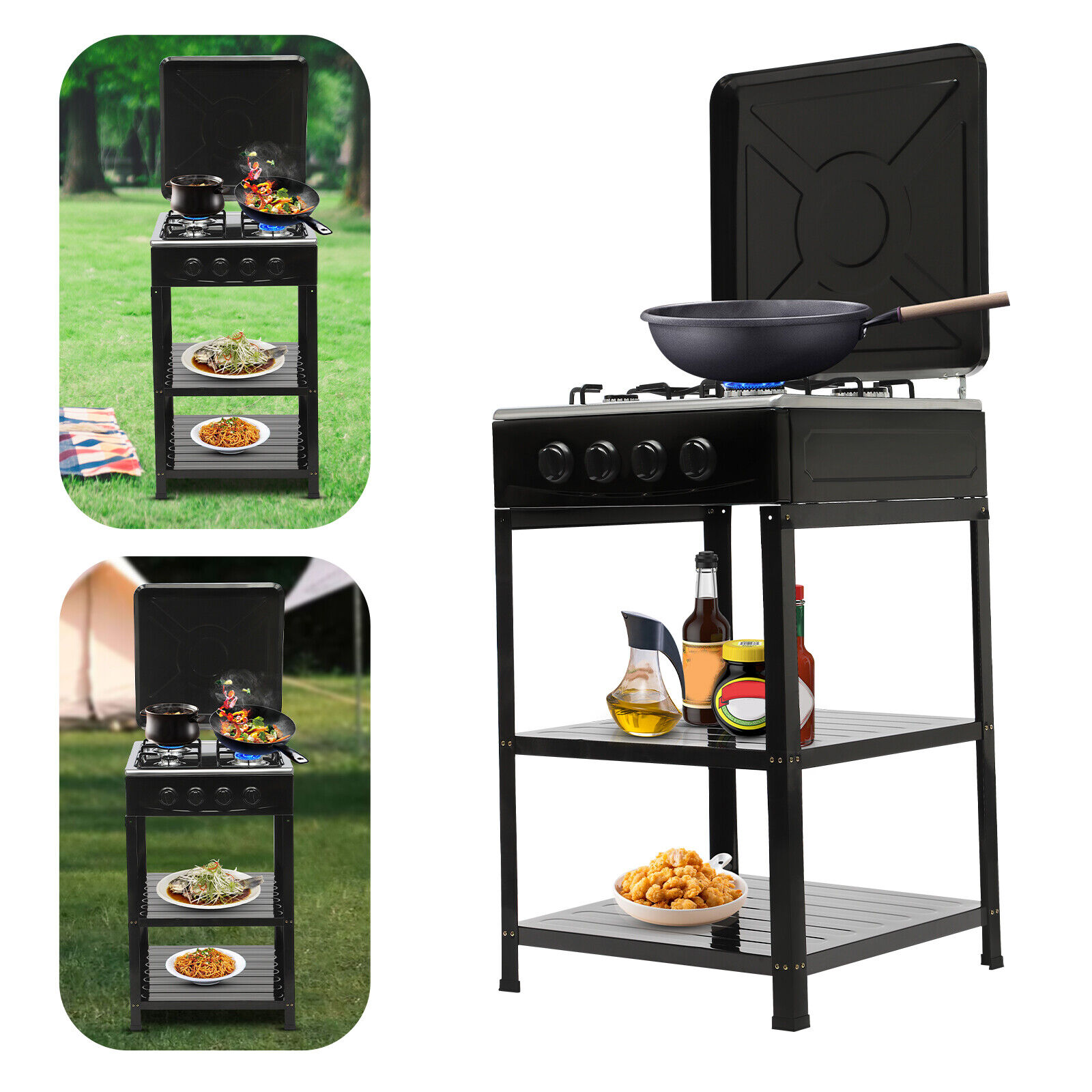 موقد غاز 4 شعلة مع أرفف إضافية وغطاء حماية