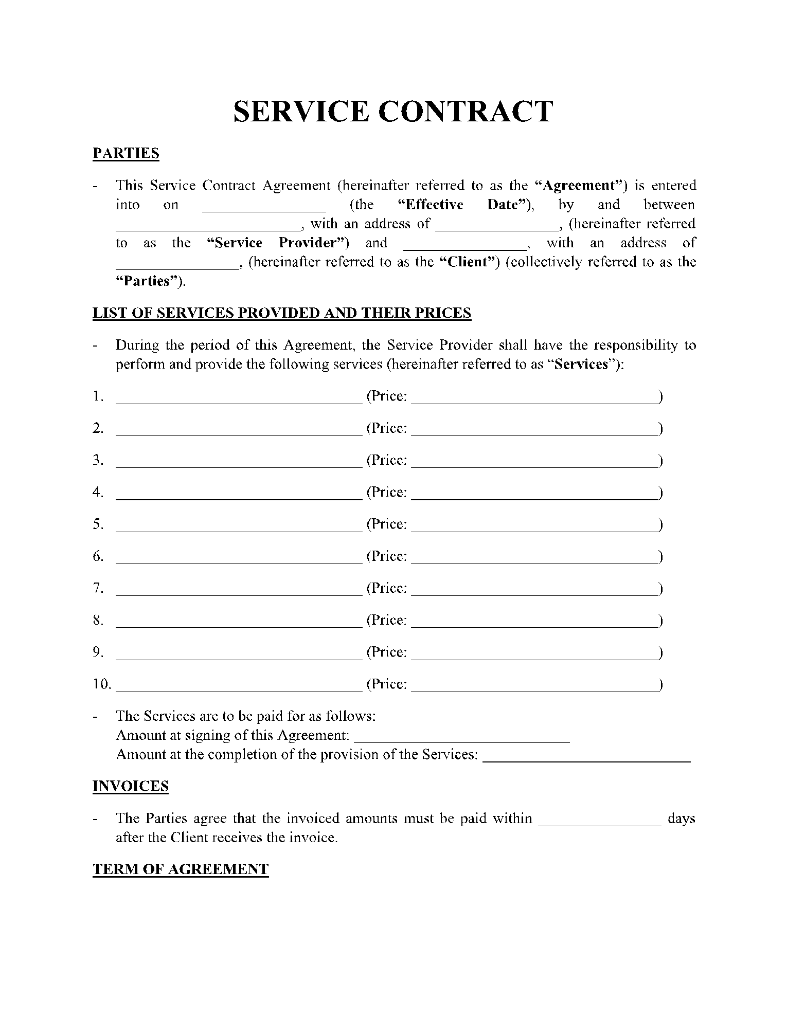 Price Agreement Contract Template