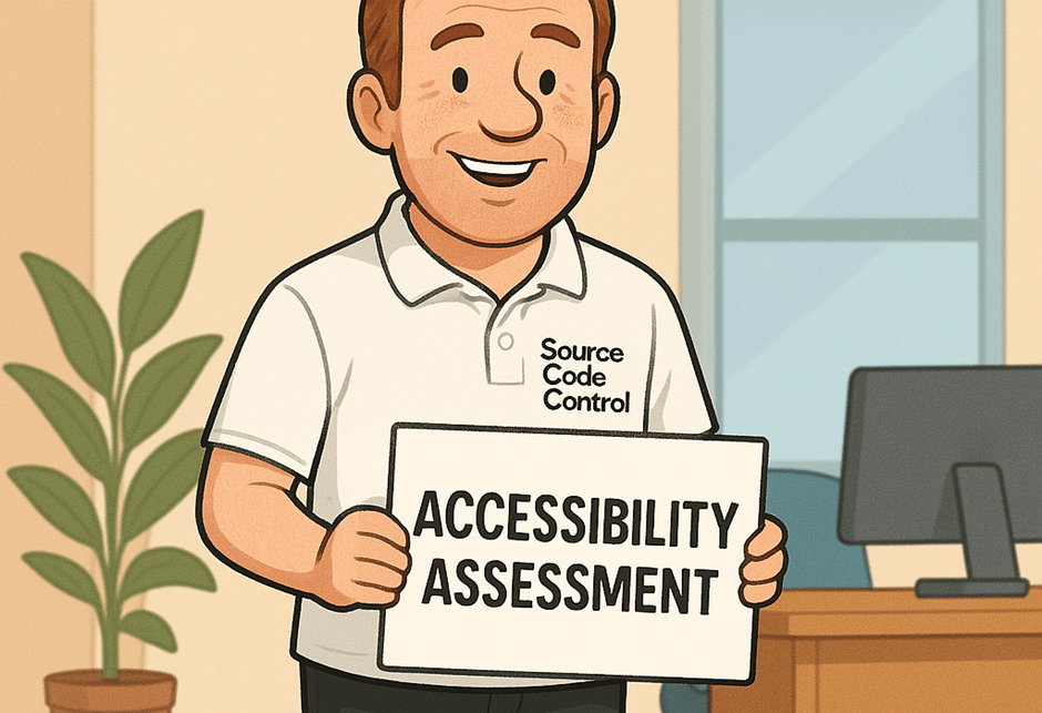 A cartoon image of a worker at Source Code Control holding up a sign saying accessibility assessment