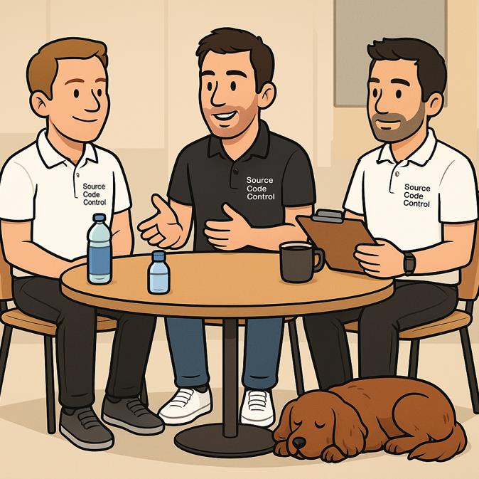 A cartoon image of three Source Code Control employees. One being the interviewer and the other two being the interviewee. Speaking about all things digital accessibility