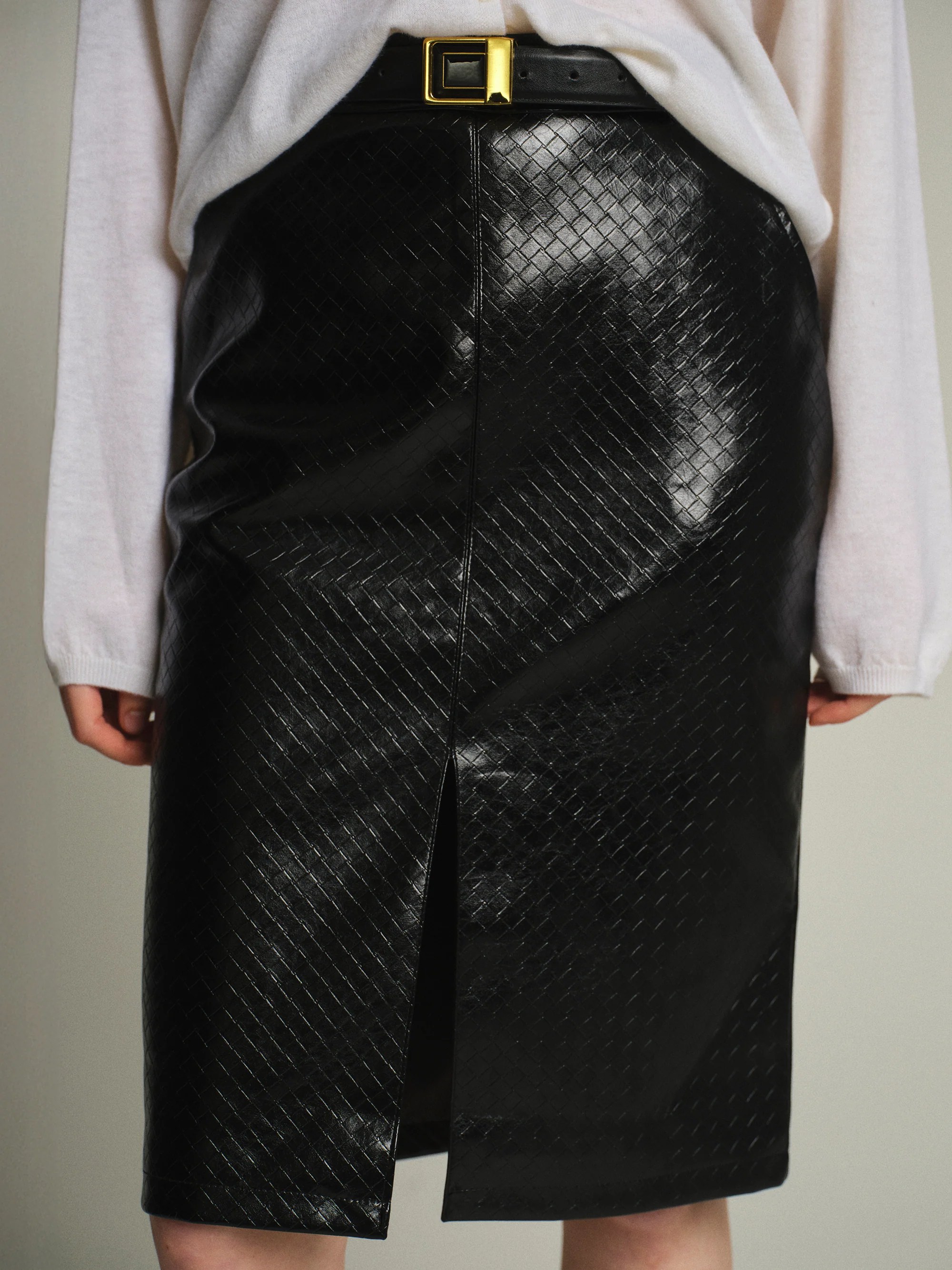 Belted Faux Leather Midi Skirt Black Sourceunknown