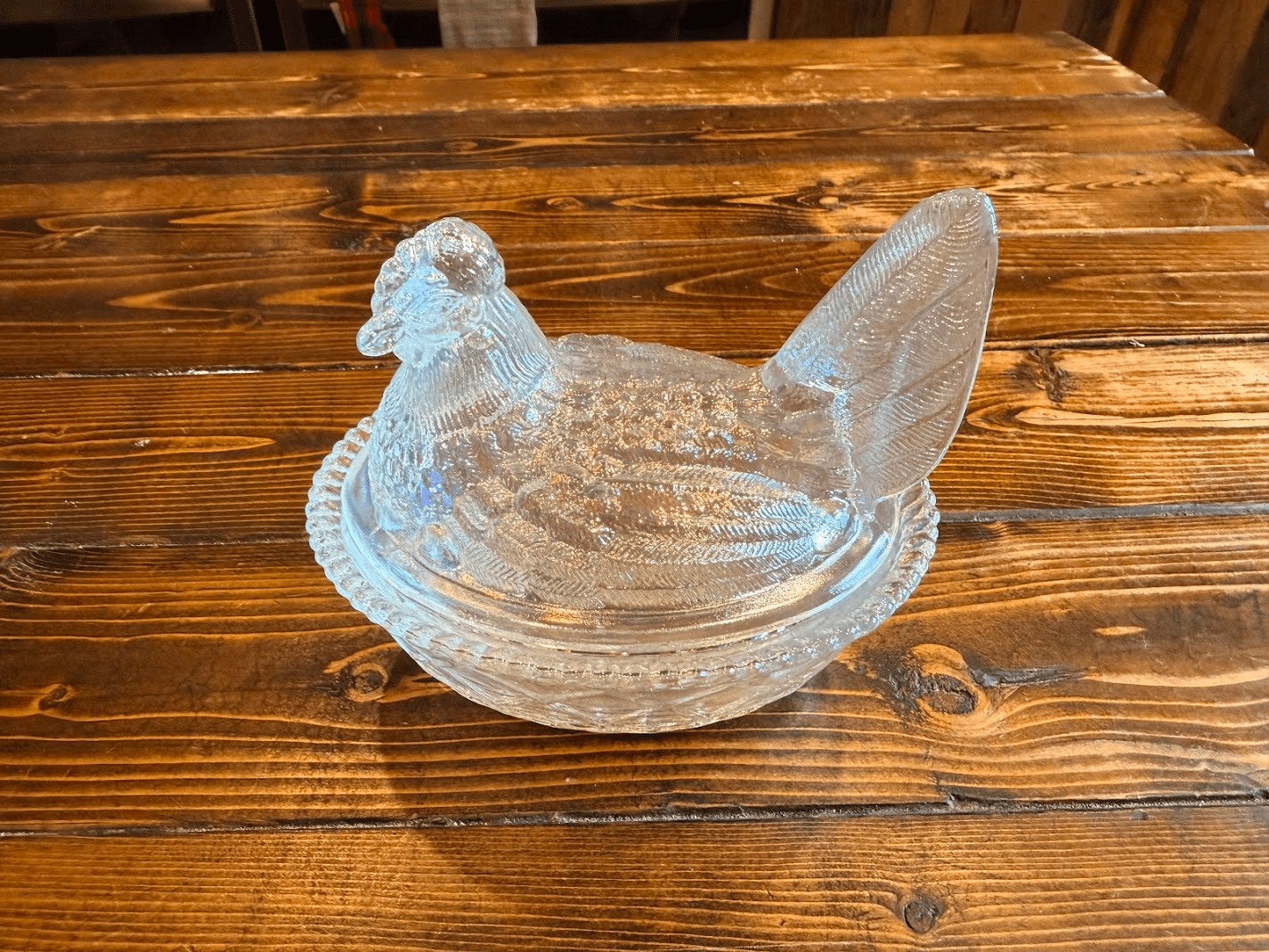 Vint Indiana Glass Clear Iridescent Hen Nest Covered Dish Carnival Farm Decor