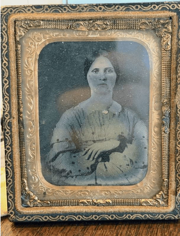 Antique Civil War Ninth Plate Portrait Photo Woman Brass Mat Frame 2.3x2.7”