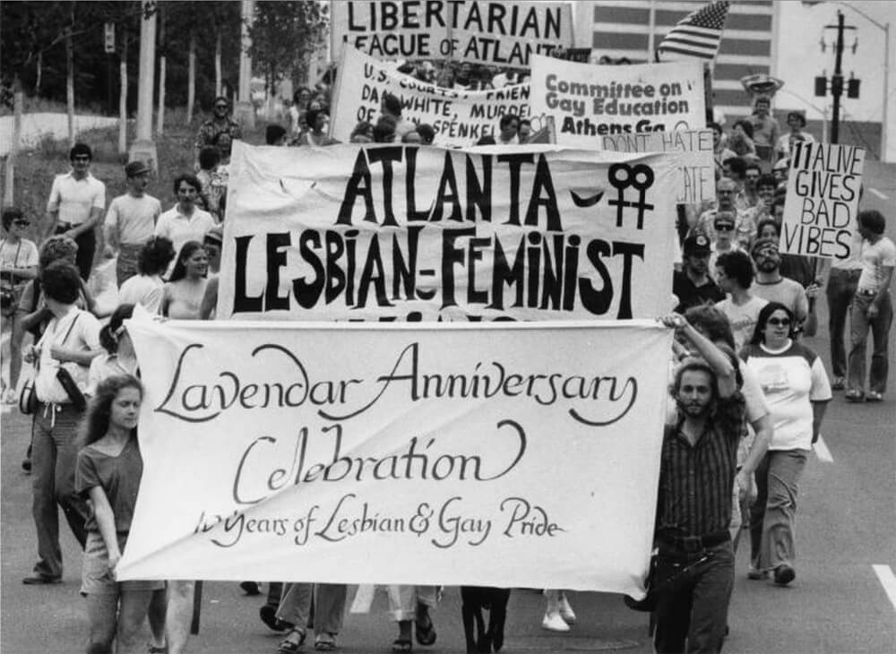 Members and supporters of Atlanta's Gay Community parade down Peachtree Street, Atlanta, Georgia, June 26, 1979. Photograph by Calvin Cruce. Courtesy of Georgia State University Library, Atlanta Journal-Constitution Archives.