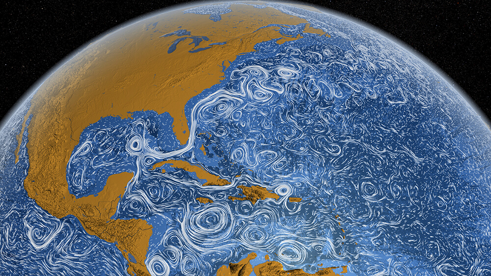 Perpetual Ocean still of Gulf Stream showing ocean currents, June 2005 through December 2007. Visualization by Greg Shirah. Courtesy of NASA/Goddard Space Flight Center Scientific Visualization Studio. Perpetual Ocean still of Gulf Stream showing ocean currents, June 2005 through December 2007. Visualization by Greg Shirah. Courtesy of NASA/Goddard Space Flight Center Scientific Visualization Studio.