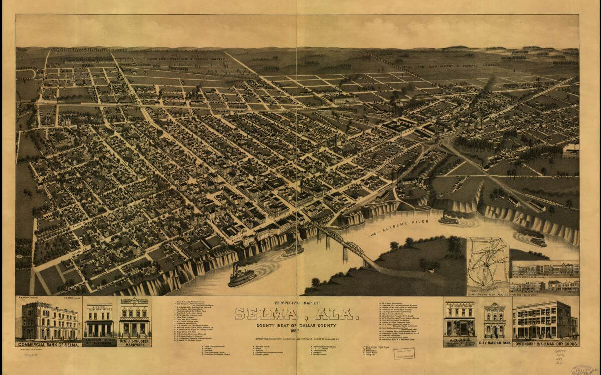 Perspective map of Selma, Alabama, 1887. Map published by Henry Wellge & Co. Courtesy of the Library of Congress Geography and Map Division, https://www.loc.gov/resource/g3974s.pm000090/
