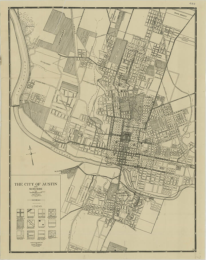 The City of Austin, 1919. Courtesy of the Perry-Castañeda Library Map Collection, Historical Maps of Texas Cities, The University of Texas at Austin. The City of Austin, 1919. Courtesy of the Perry-Castañeda Library Map Collection, Historical Maps of Texas Cities, The University of Texas at Austin.