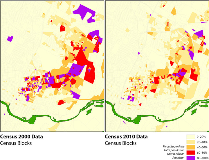 Changing African American Landscape, Eastern Core: African American Population Concentrations, 2000 and 2010. Map produced by Ryan Robinson, City Demographer, Department of Planning, City of Austin, February 2011. Map courtesy of Andrew M. Busch, 2015. Changing African American Landscape, Eastern Core: African American Population Concentrations, 2000 and 2010. Map produced by Ryan Robinson, City Demographer, Department of Planning, City of Austin, February 2011. Map courtesy of Andrew M. Busch, 2015.