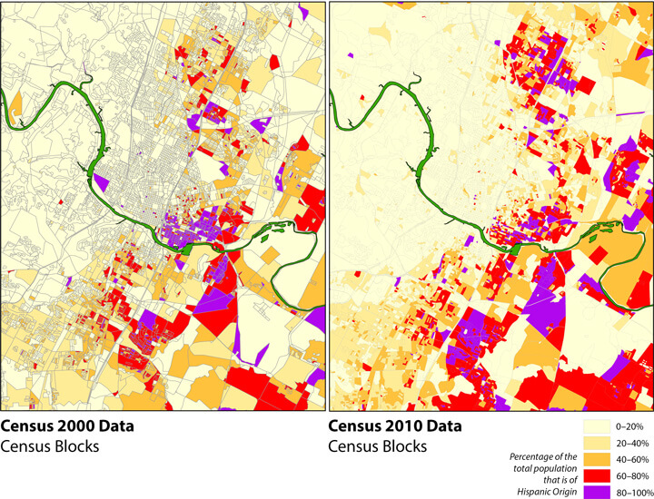 Changing Hispanic Landscape: Hispanic/Latino Population Concentrations, 2000 and 2010. Map produced by Ryan Robinson, City Demographer, Department of Planning, City of Austin, February 2011. Map courtesy of Andrew M. Busch, 2015. Changing Hispanic Landscape: Hispanic/Latino Population Concentrations, 2000 and 2010. Map produced by Ryan Robinson, City Demographer, Department of Planning, City of Austin, February 2011. Map courtesy of Andrew M. Busch, 2015.