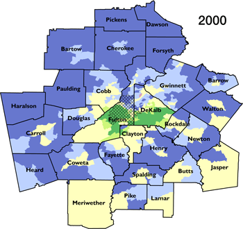Atlanta Metropolitan Statistical Area segregation and integration by census tract for 2000. Sources: Cashin 2004; Wiggins, Morello, and Keating 2011; 2000 and 2010 Census; author. Atlanta Metropolitan Statistical Area segregation and integration by census tract for 2000. Sources: Cashin 2004; Wiggins, Morello, and Keating 2011; 2000 and 2010 Census; author.