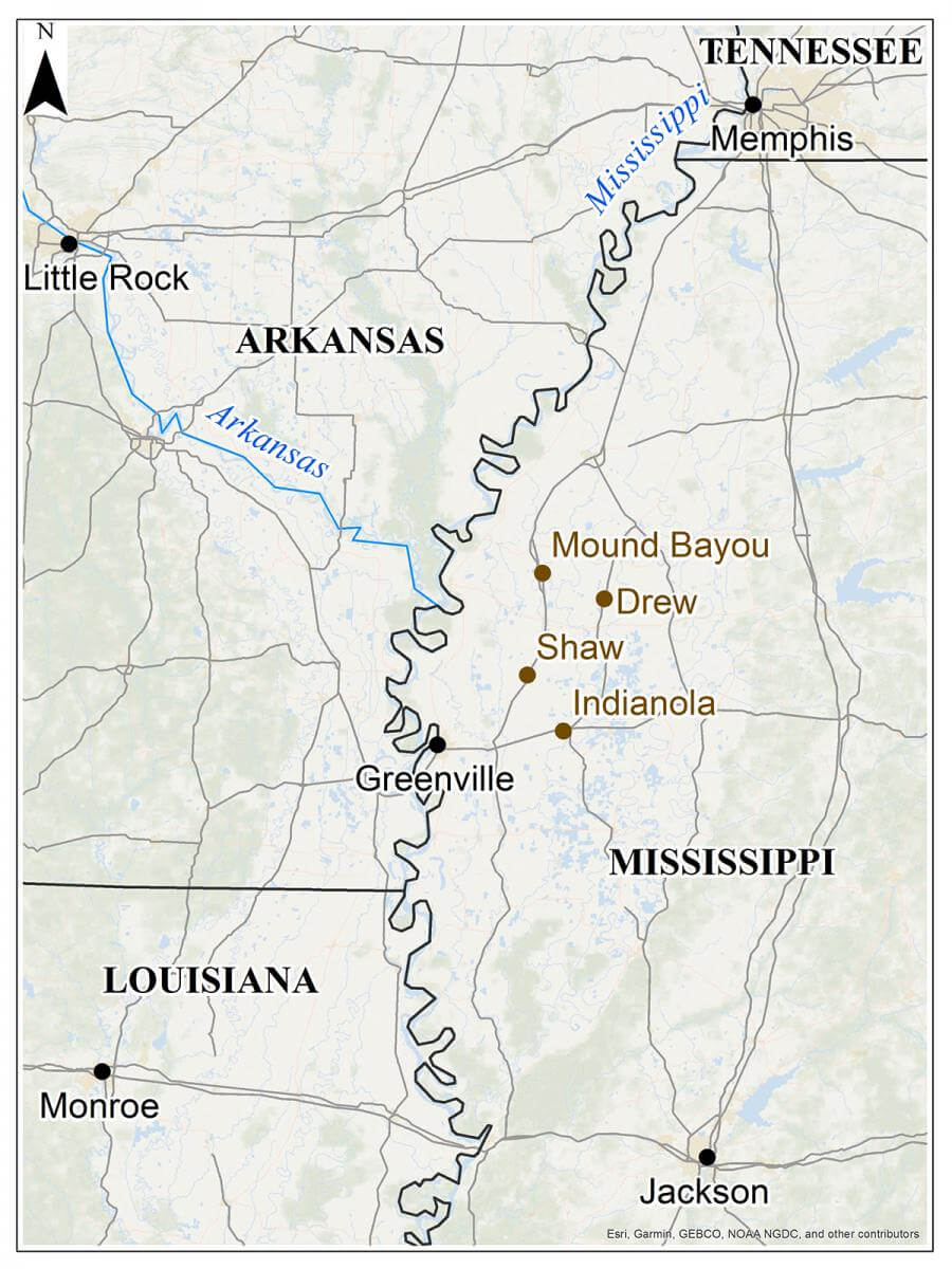 Mississippi Delta, July 23, 2018. Map by Stephanie Bryan. Courtesy of Southern Spaces. Map showing the Mississippi Delta and surrounding Mississippi cities of Greenville, Mound Bayou, Drew, Shaw, and Indianola, as well as Memphis, Tennessee, and Monroe, Louisiana