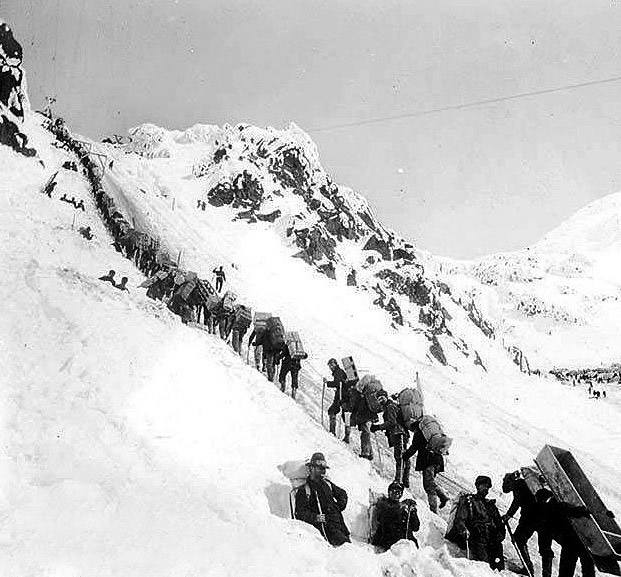 The Chilkoot Pass trail at the height of the gold rush