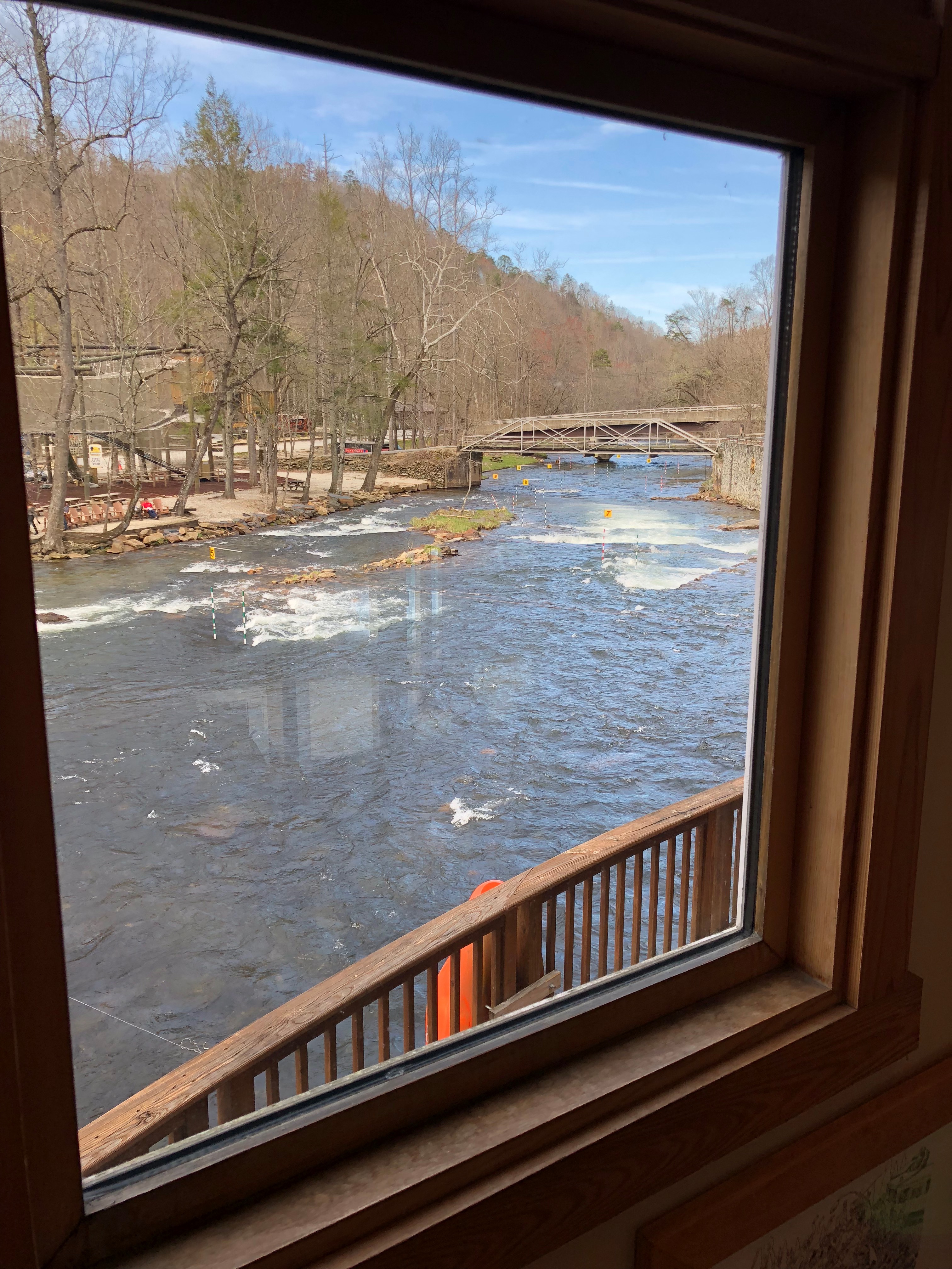 Looking out the window of the gear shop
