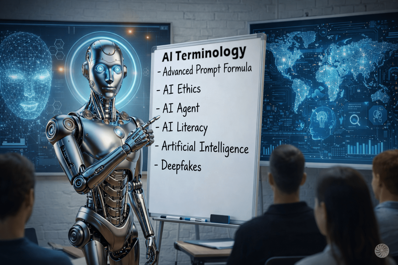 AI robot pointing to a whiteboard with AI terms on it.