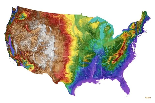 USA Color Elevation Map Contiguous States With State Boundaries Soar 135472