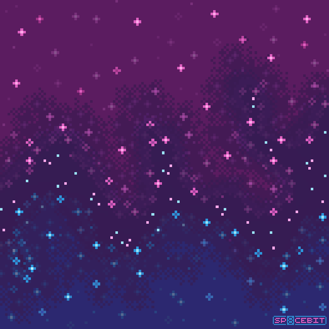 A whimsical, 8bit rendering of a pink, purple, and blue spacescape based on the colors and design of the bisexual pride flag