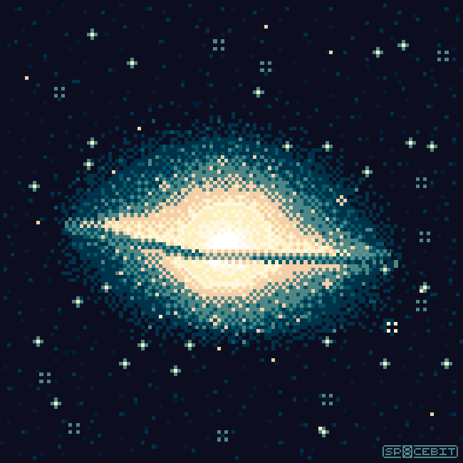 An 8bit, pixel art rendering of galaxy M104, based on a photograph from the Hubble Heritage project.