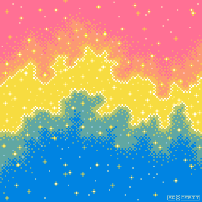 A whimsical, 8bit rendering of a pink, yellow, and blue spacescape based on the colors and design of the pansexual pride flag
