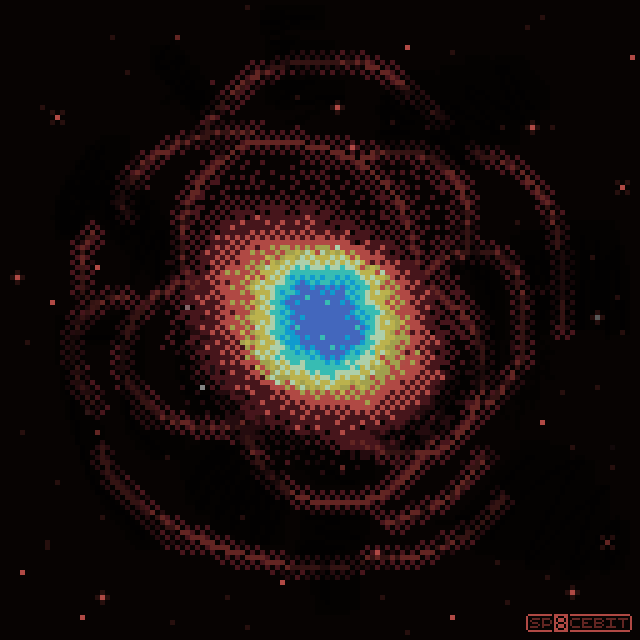 An 8bit, pixel art rendering of the rainbow-colored Ring Nebula, based on a photograph from the Hubble Heritage project.