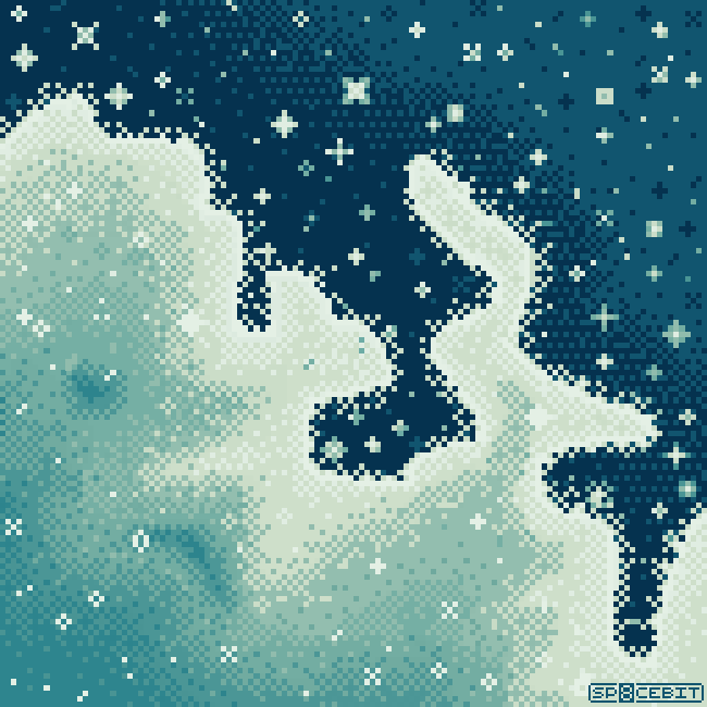A whimsical, 8bit rendering of a blue and aqua spacescape with blue and white pixel stars