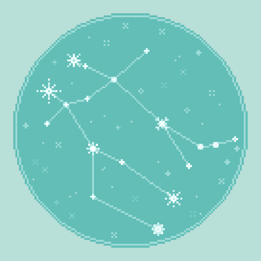An 8bit, pixel art rendering of the zodiac constellation Gemini against an aqua, seafoam starfield.