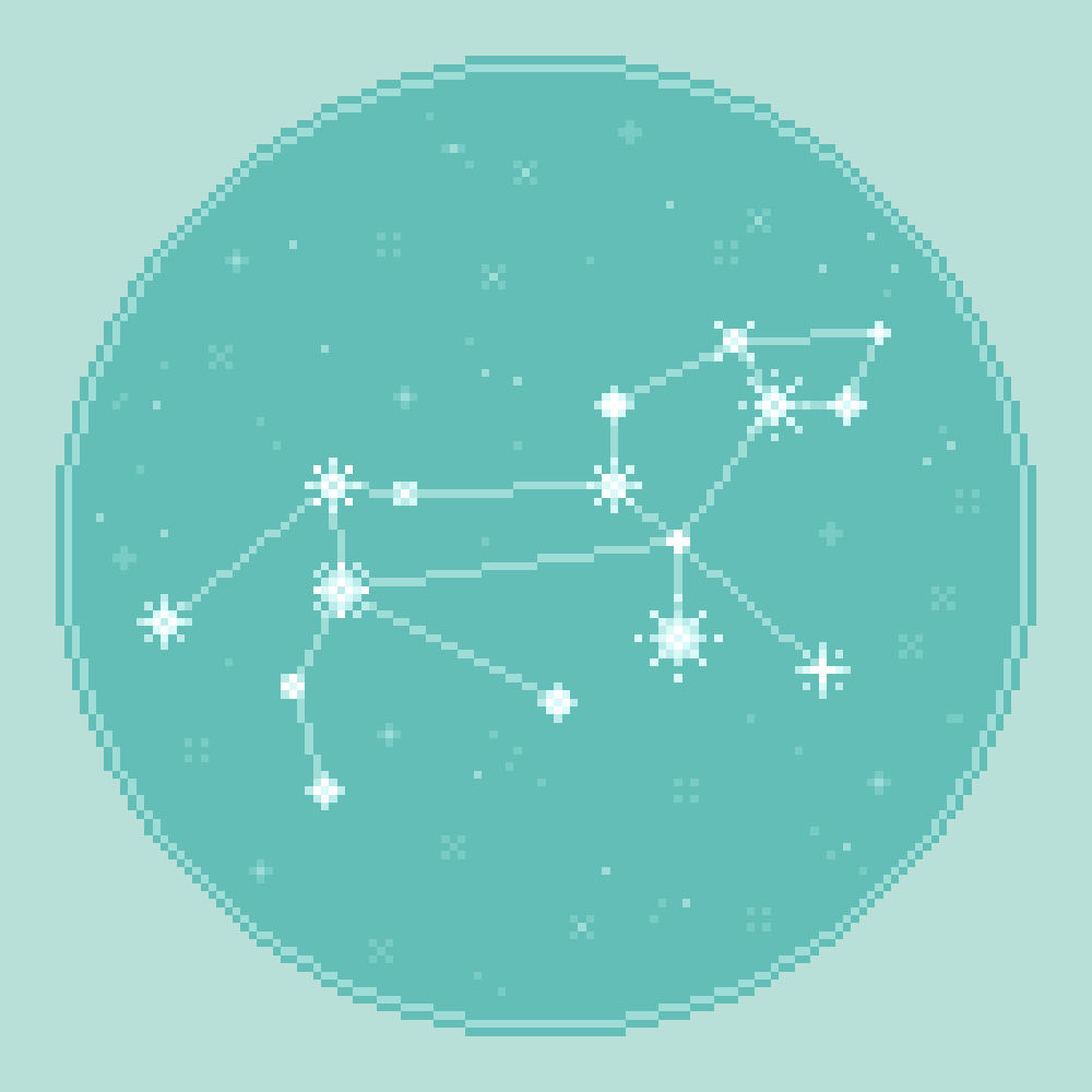 An 8bit, pixel art rendering of the zodiac constellation Leo against an aqua, seafoam starfield.