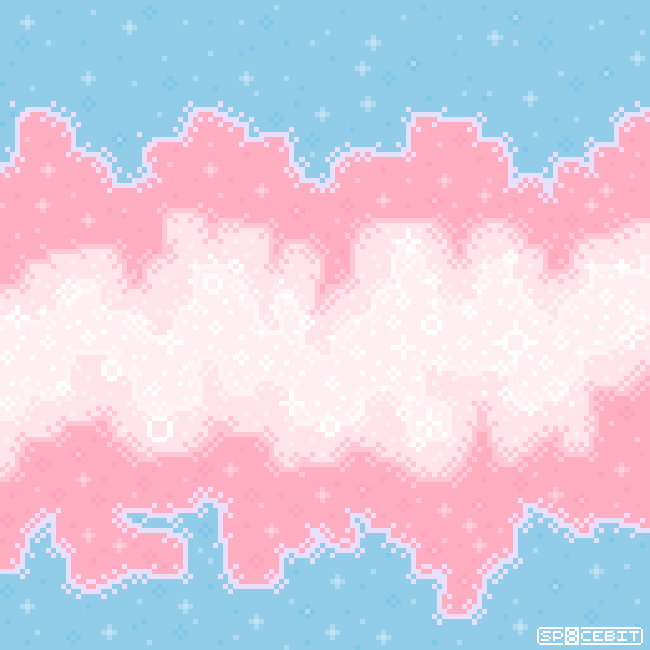 A whimsical, 8bit rendering of a pastel pink, white, and blue spacescape based on the colors and design of the trans pride flag