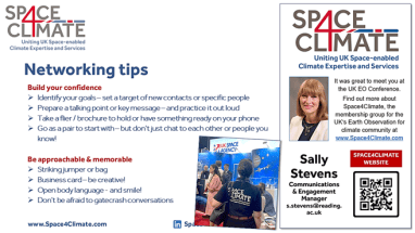 List of networking tips as listed in the blog, illustrated by a photo of a person wearing a Space4Climate branded shirt and an example of a digital business card suitable for sharing on a mobile