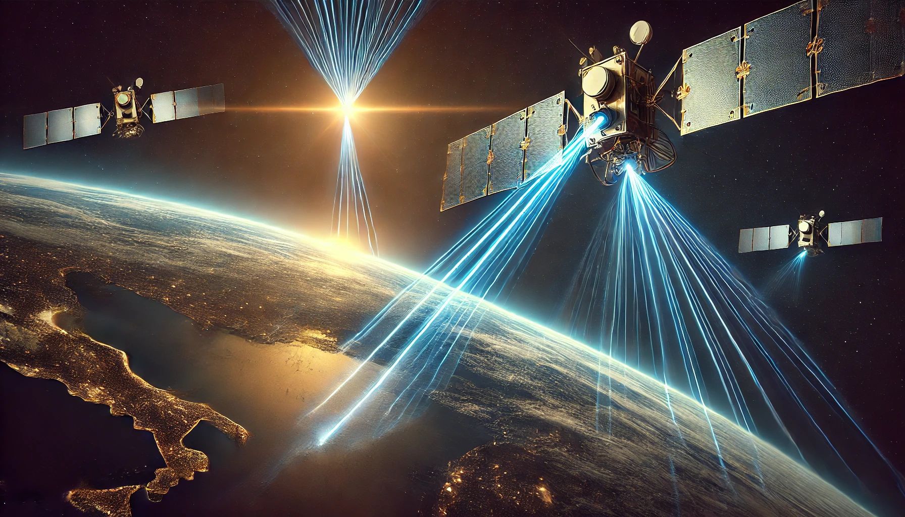 Illustration of satellites communicating through optical crosslink generated via DALL-E for SpaceNews