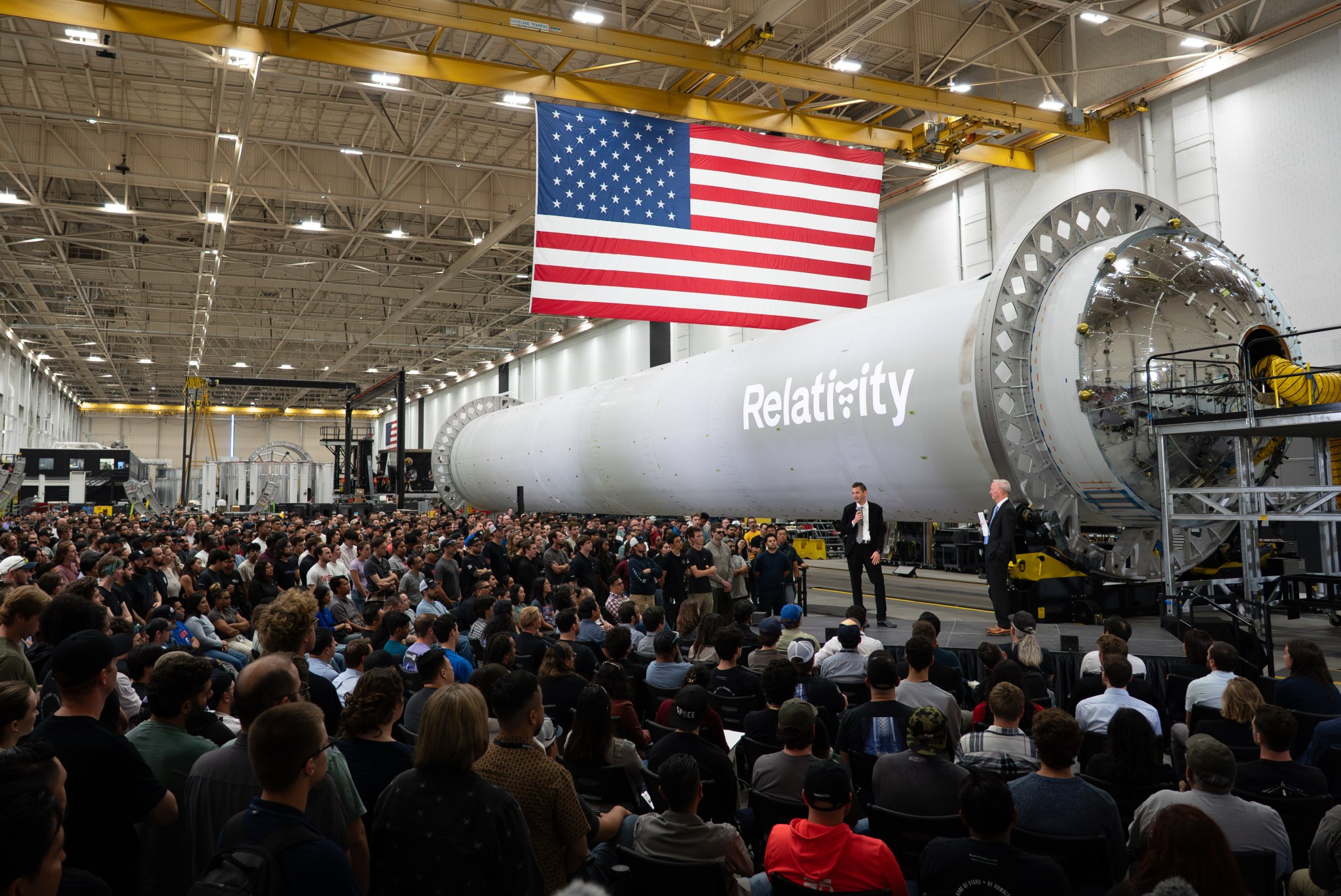Relativity Space Terran R hardware shown during NASA's Aeolus Mars science partnership announcement.
