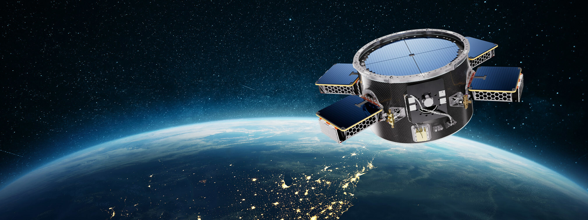 Rendering of Firefly Aerospace’s Elytra orbital vehicle, with deployable solar panels and hosted payload bays, above a night-lit Earth.