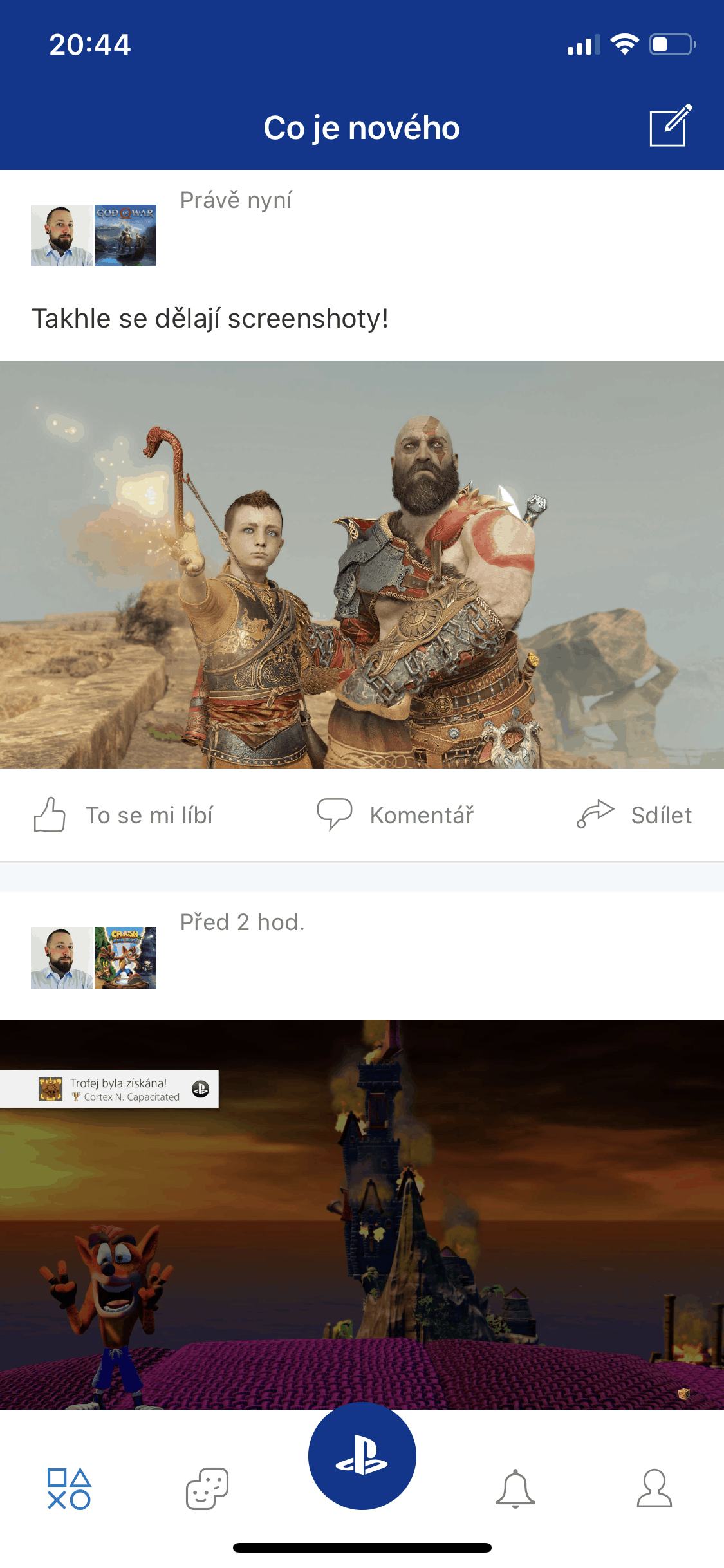 Na hlavní stránce, kde se ukazují aktivity, vidíte svůj screenshot.
