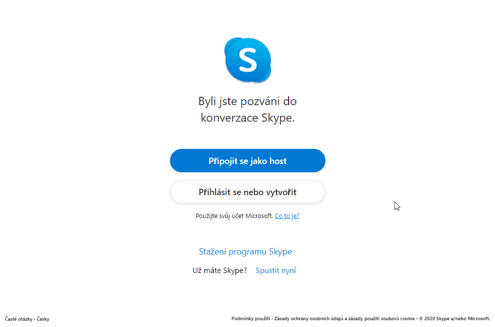 Pokud Skype nemáte, nemusíte jej instalovat, pokračujte přes web.