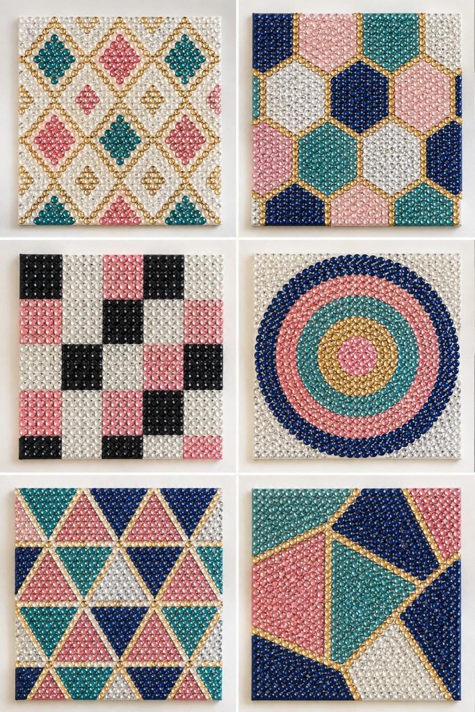 Six mini canvas artworks featuring colorful geometric rhinestone patterns including diamonds, hexagons, squares, and circles.