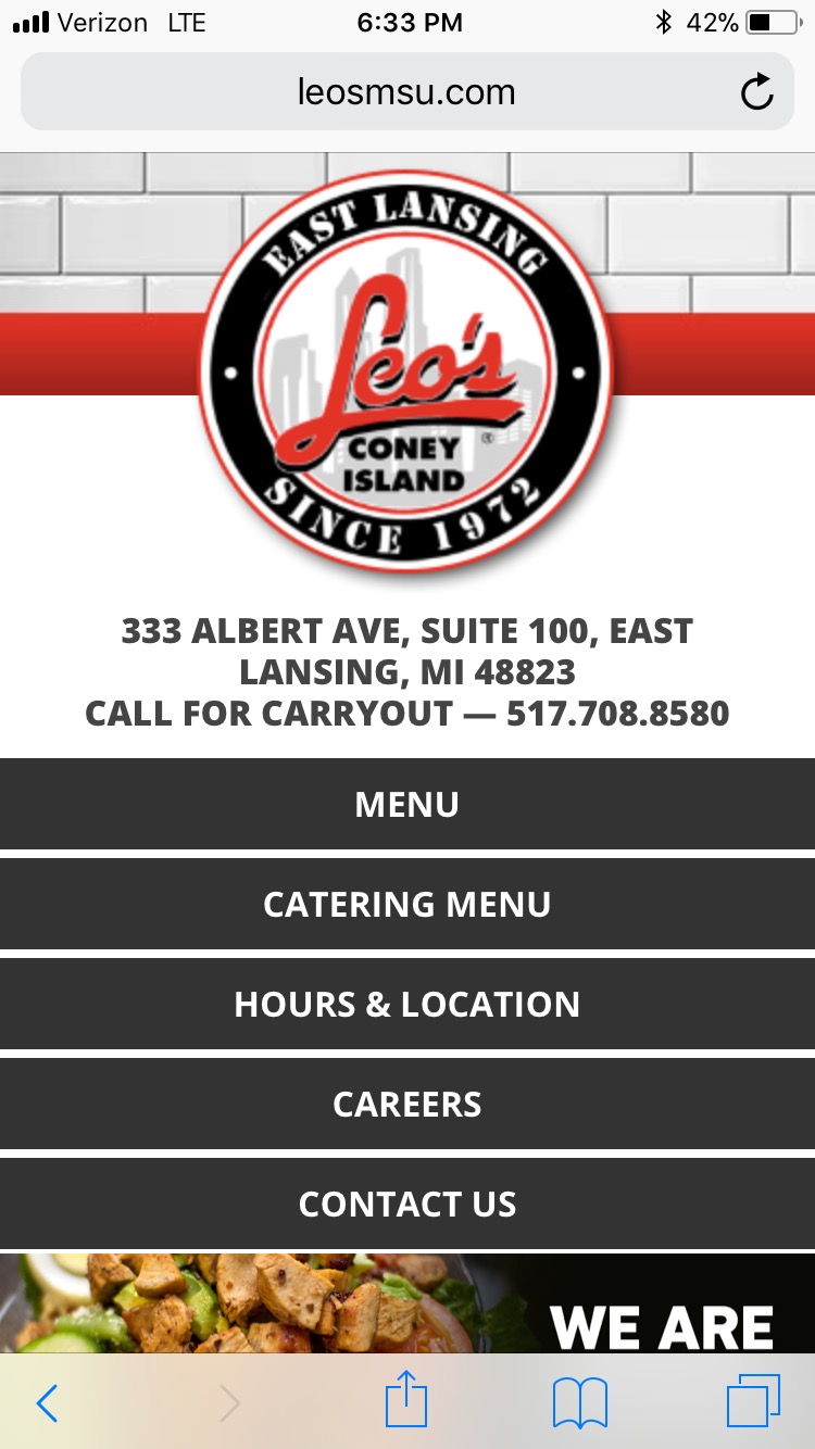 Leo's Coney Island website is optimized for mobile use with large clickable icons for navigation at the bottom of the page. Photo by Erika Greco.