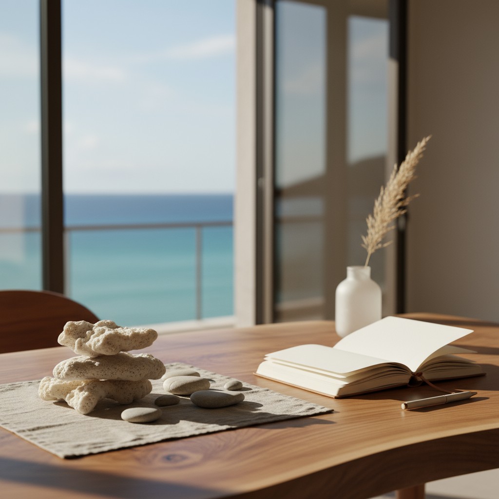 A serene room with a view of the sea, featuring a wooden table and a stack of stones, a journal with the book open, and a ...