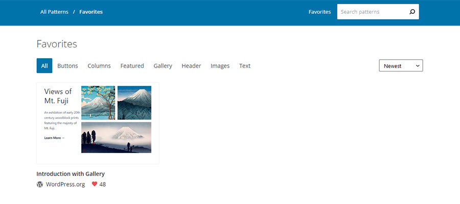The WordPress Block Pattern Directory's Favorites page.