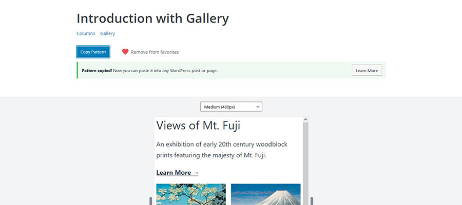 Copying a block pattern via its profile page.