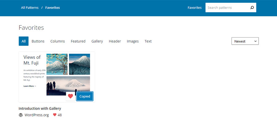 Copying a block pattern via the Favorites page.