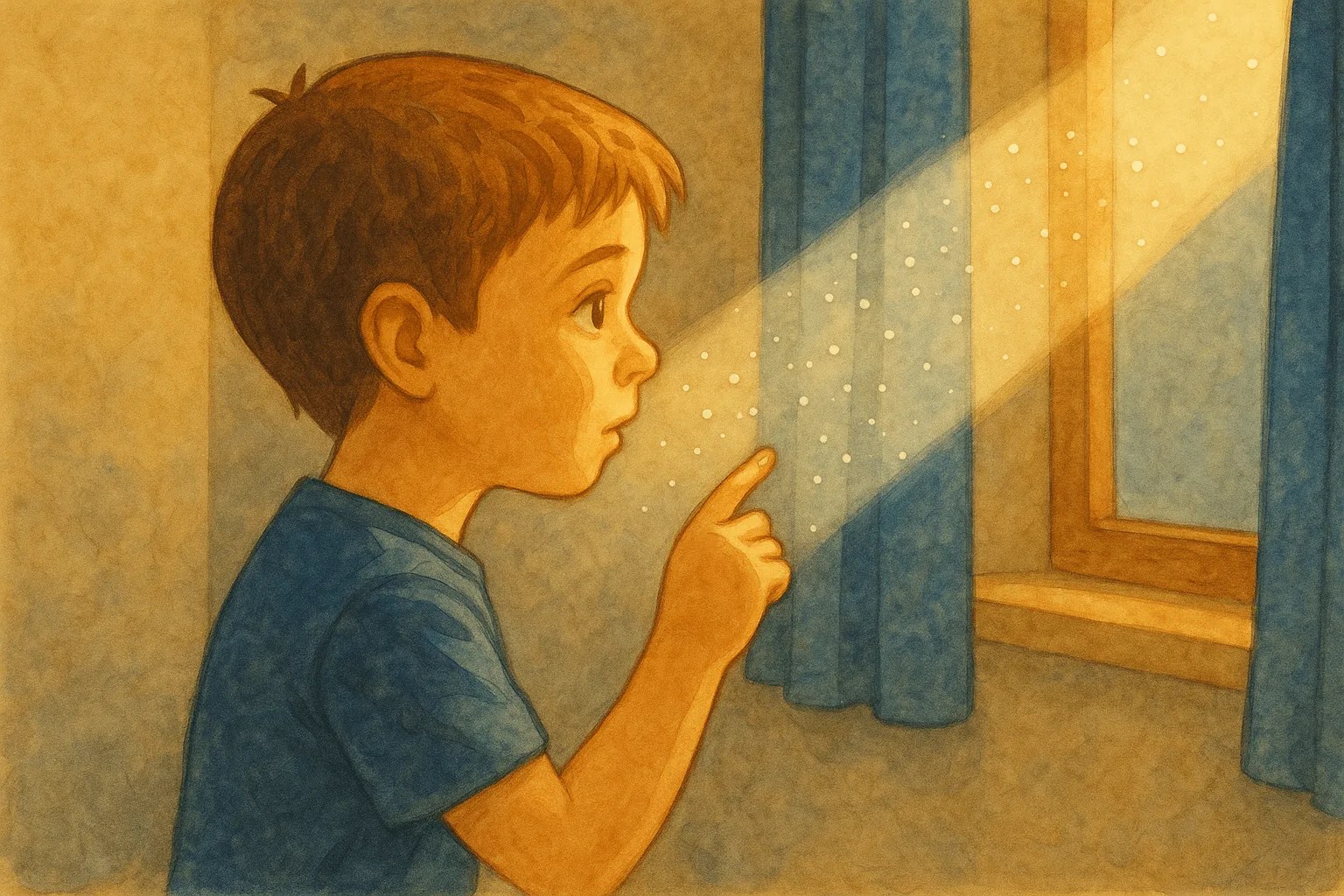 Child fascinated by dust floating in a beam of sunlight