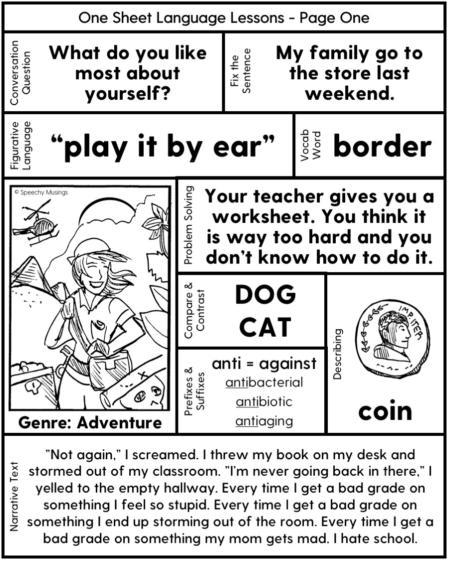 speech therapy printables for upper grades one page lessons