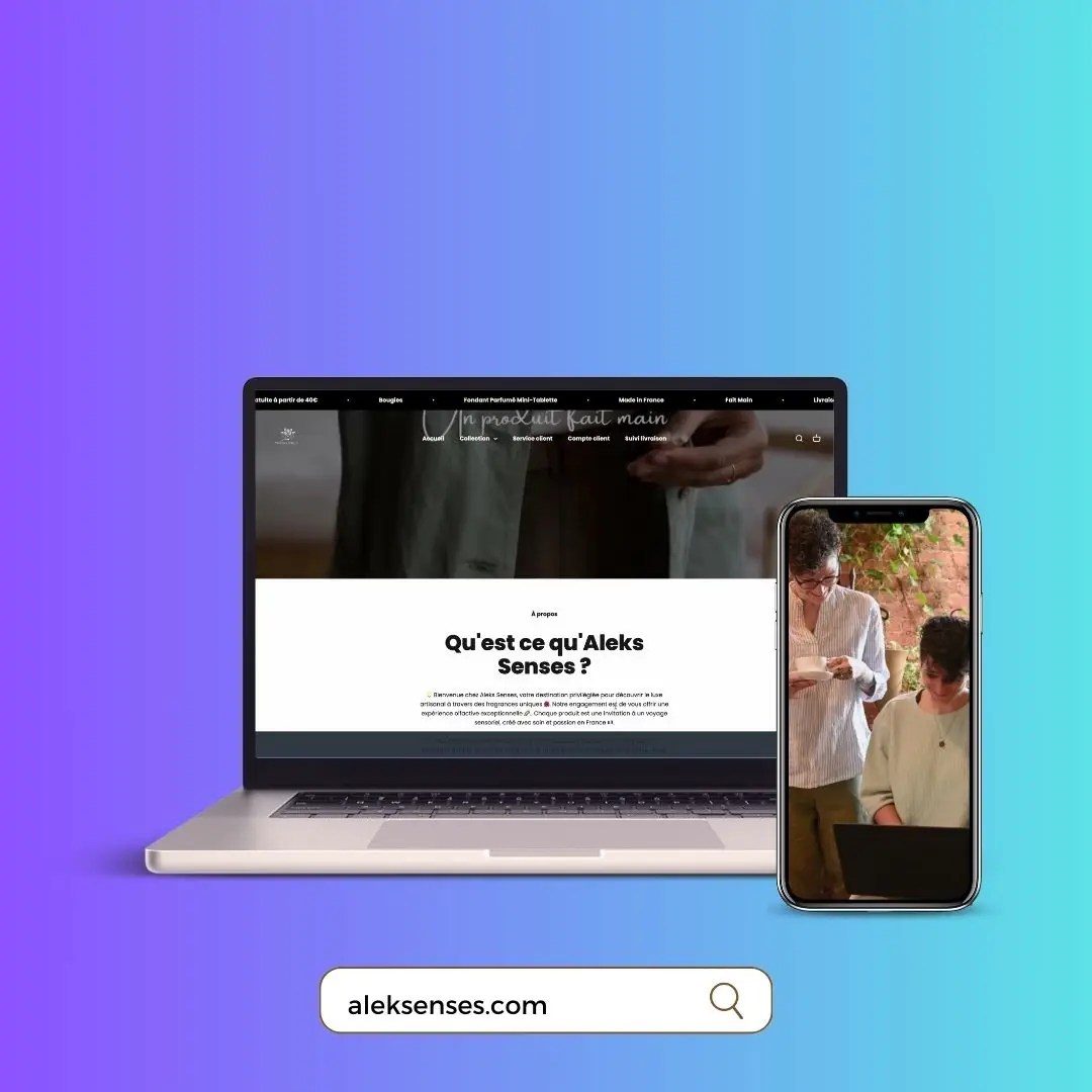 Mockup d’un ordinateur portable et d’un smartphone affichant le site web alekasenses.com sur fond dégradé bleu-violet.