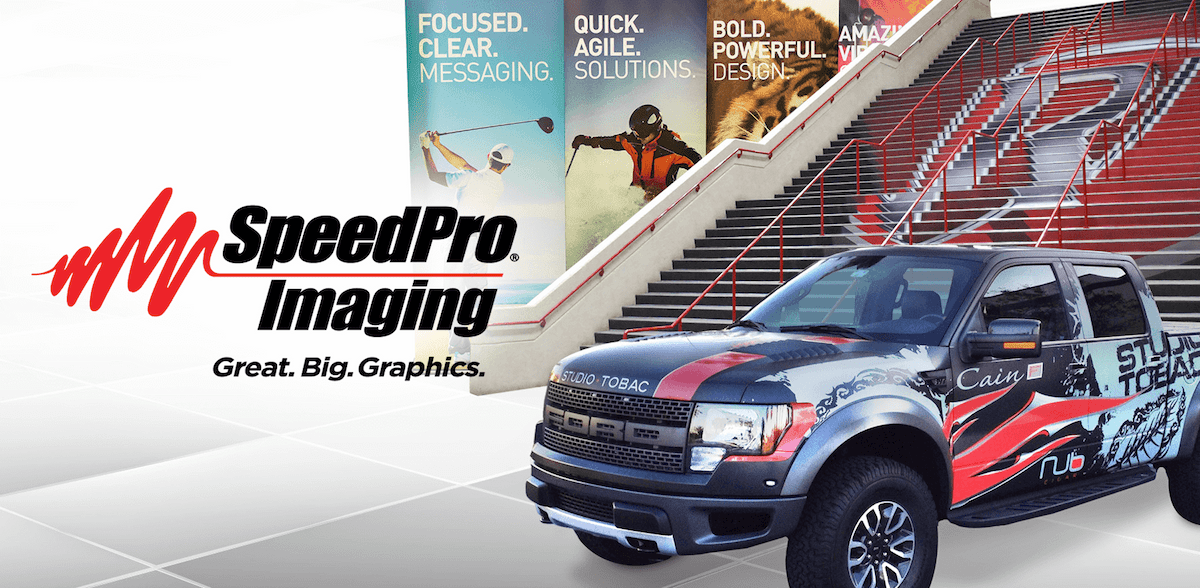 Speed Pro work examples including graphics retractable stands and vehicle wraps
