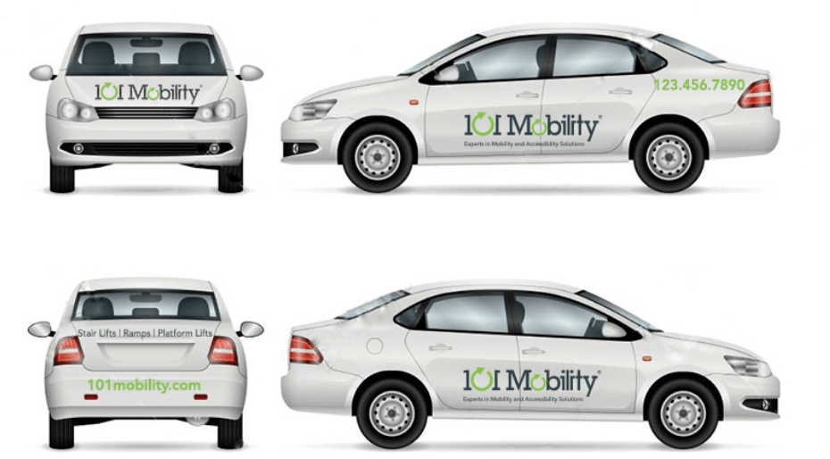 White car with a logo, parked with door visible