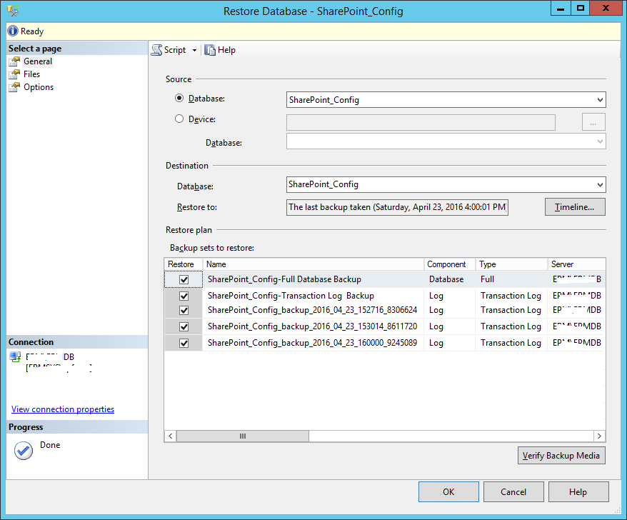 The transaction log for database SharePoint_Config is full due to LOG_BACKUP Restore Multiple transaction log backups in SQL Server