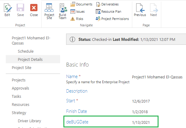 Format Date Field in Project Server 2016 /2019 Project Details Page (PDP) show date without time in PDP view