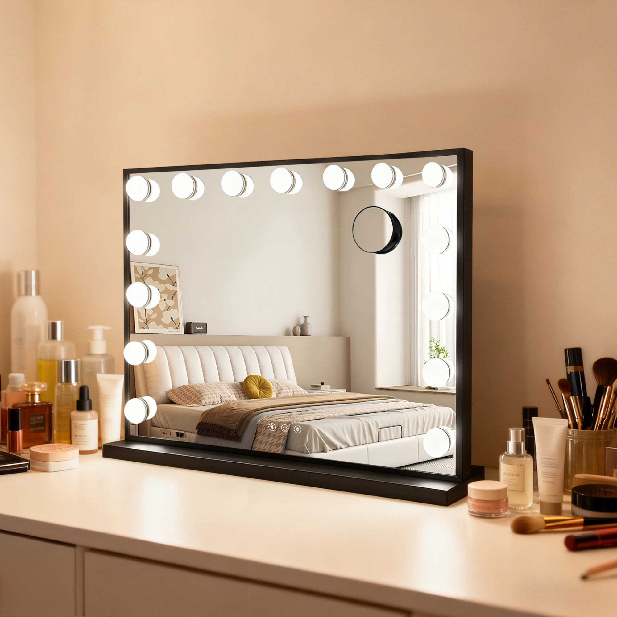 OPPIO HOLLYWOOD ZWART- Vierkant Spiegel Randloos ( DIMBAAR, LED ) 58x46cm - SpiegelDepot