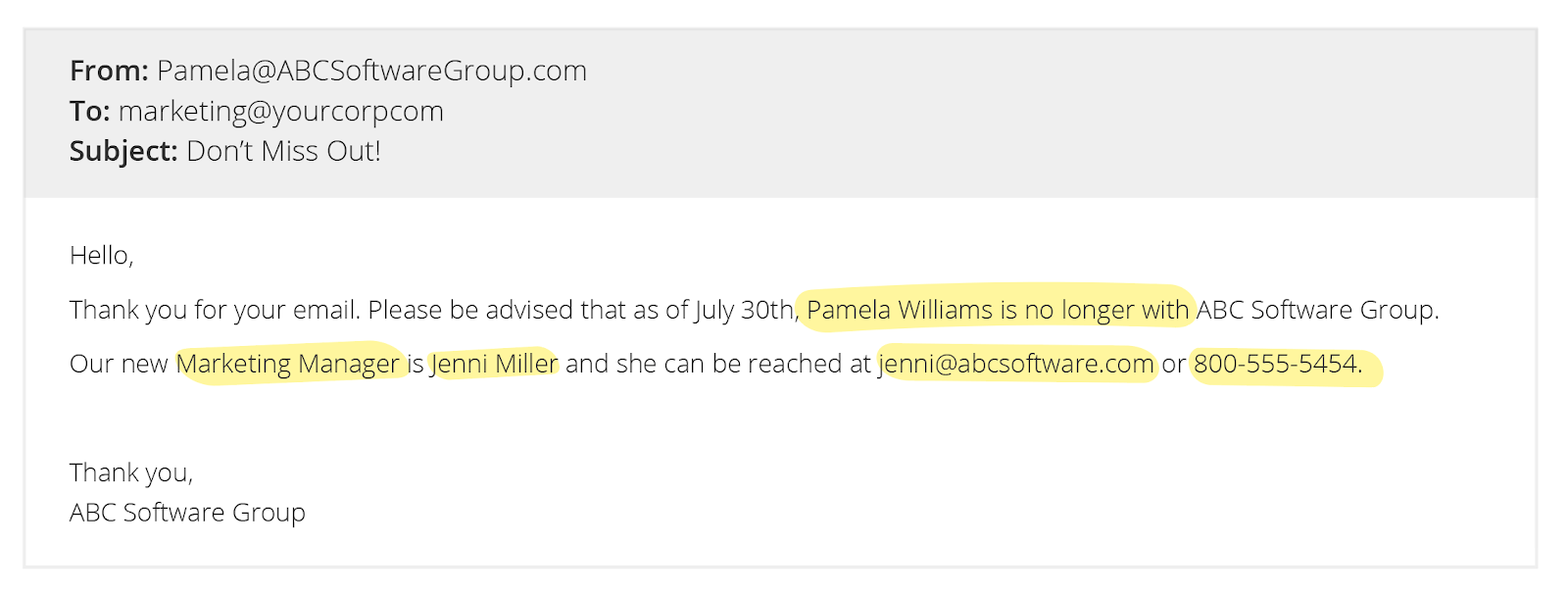 No Longer With The Company Email