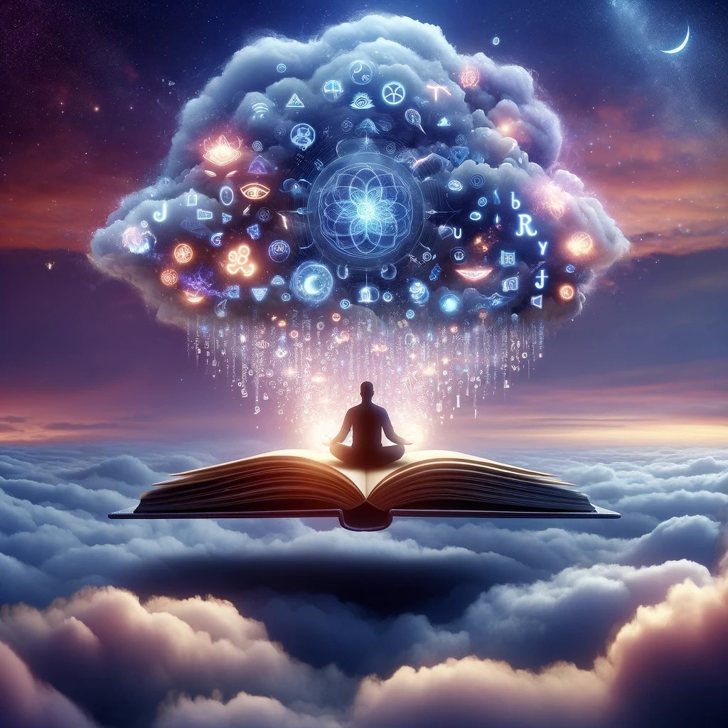 A serene scene with an open book floating in a cloud-filled sky, its pages turning in a soft breeze, glowing symbols and words emerging and blending with the clouds, below, a silhouette in lotus position reflects on the dream lessons, against a twilight sky of blues and purples.