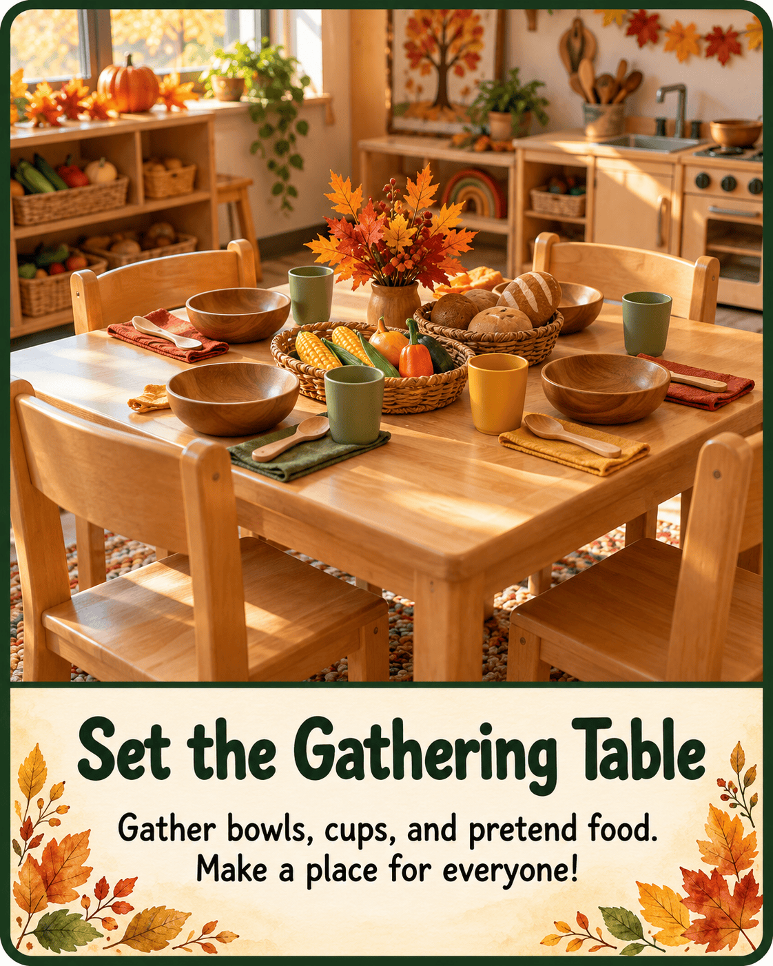 A child-sized gathering table set with bowls, cups, spoons, napkins, and baskets of pretend food in a classroom play area.